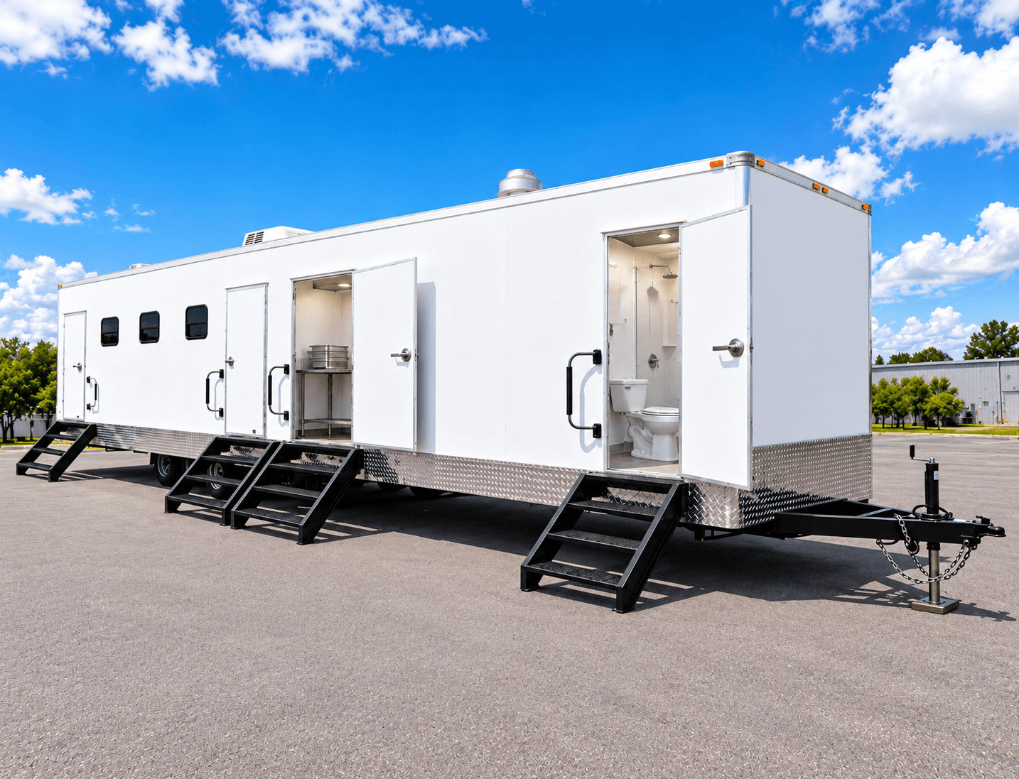 White electric kitchen trailer with two side entrances and access stairs